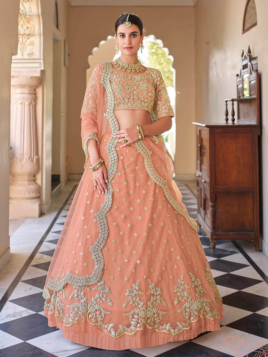 Myra Peach Net Embroidered Lehenga - Distacart