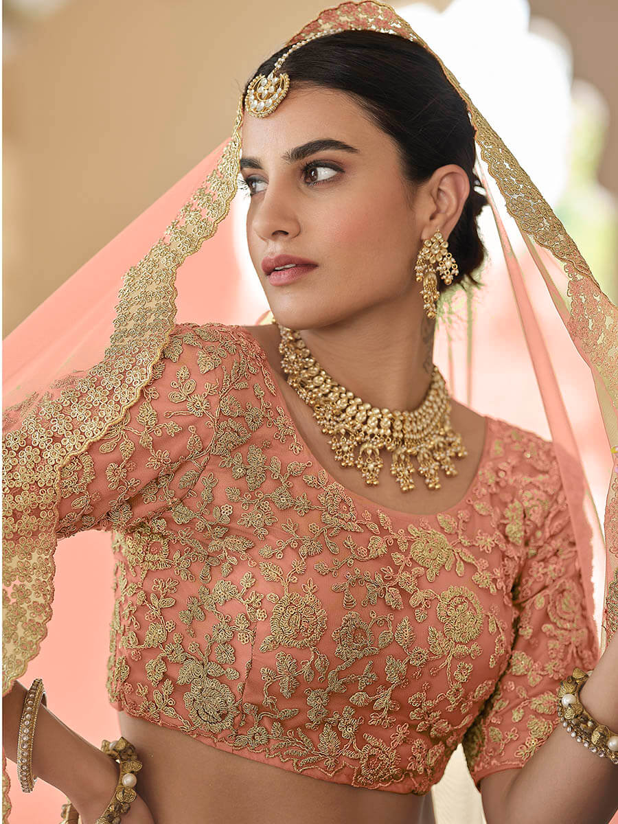 Myra Peach Net Embroidered Lehenga - Distacart