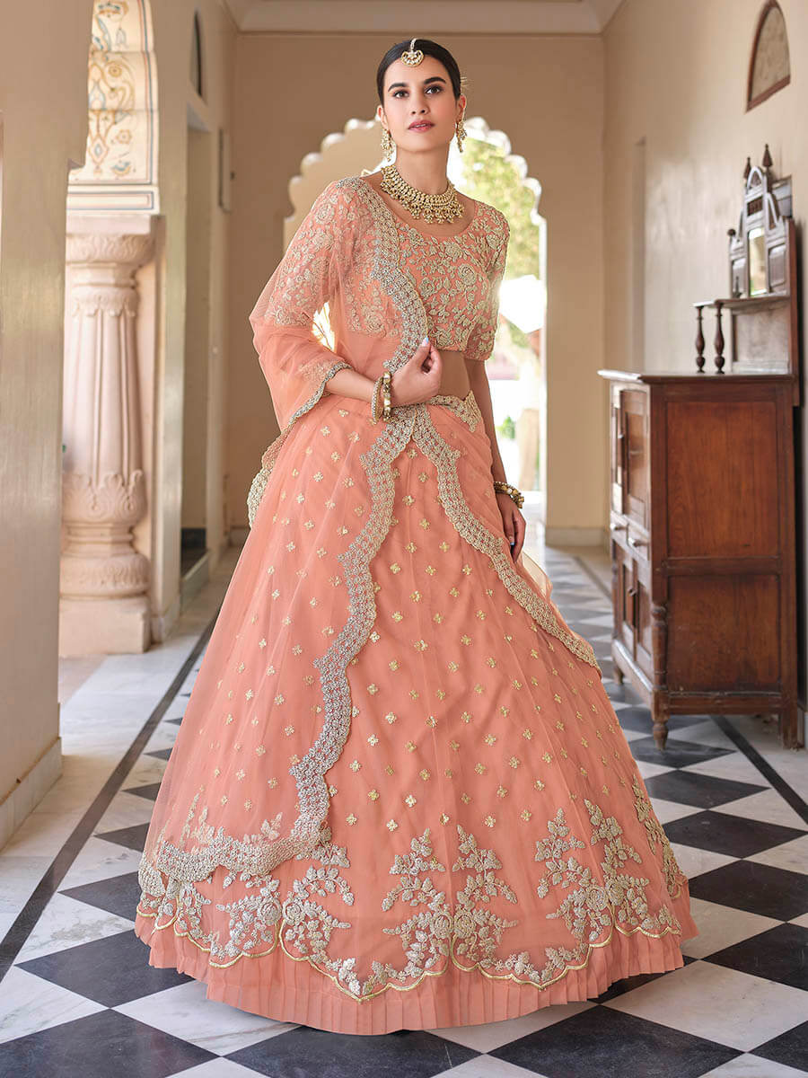 Myra Peach Net Embroidered Lehenga - Distacart