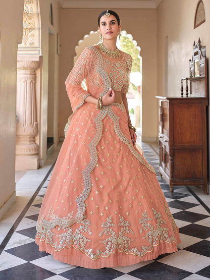 Myra Peach Net Embroidered Lehenga - Distacart
