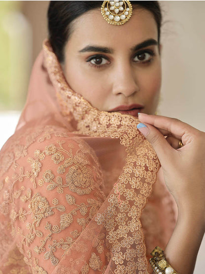 Myra Peach Net Embroidered Lehenga