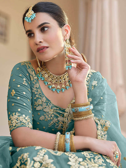 Myra Green Net Embroidered Lehenga
