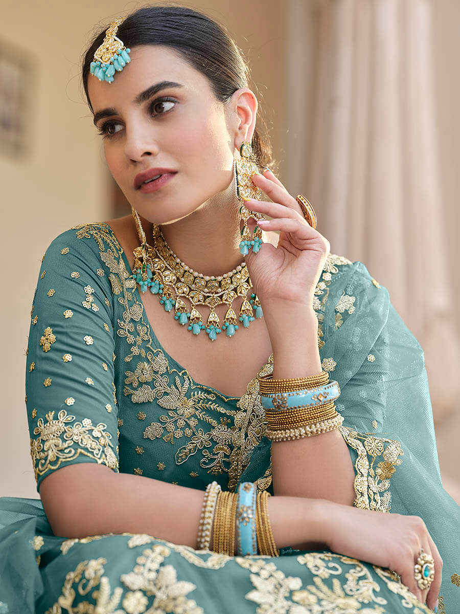 Myra Green Net Embroidered Lehenga - Distacart