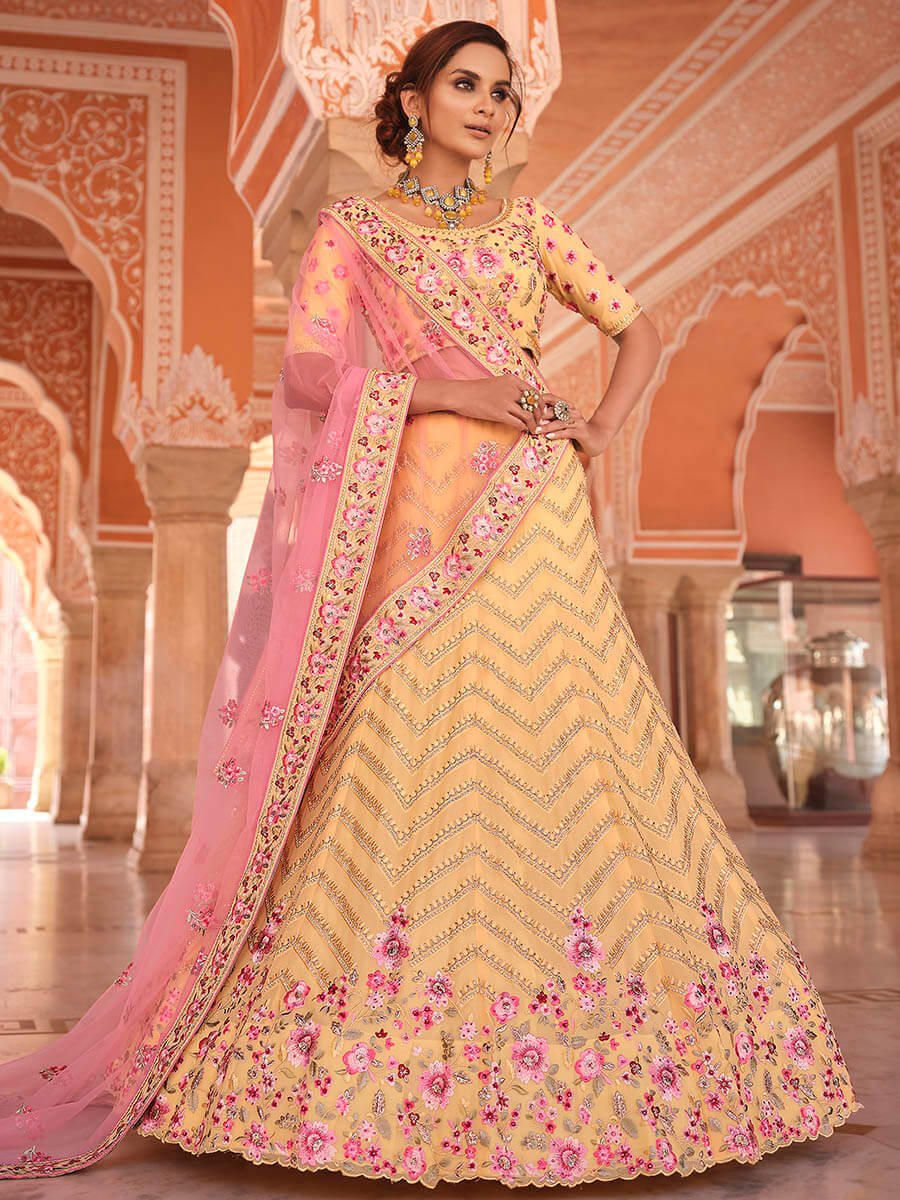 Myra Light Yellow Designer Hand work Lehenga - Distacart