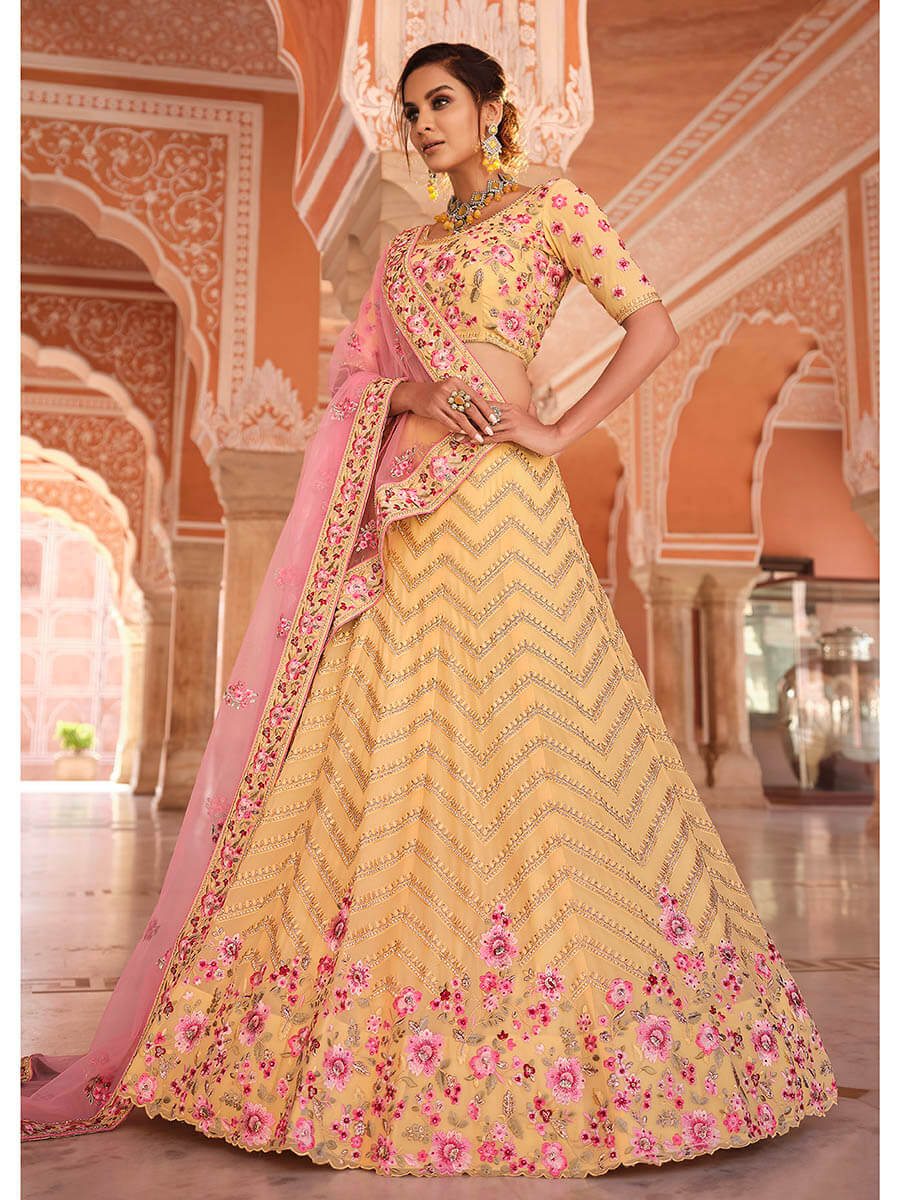 Myra Light Yellow Designer Hand work Lehenga - Distacart