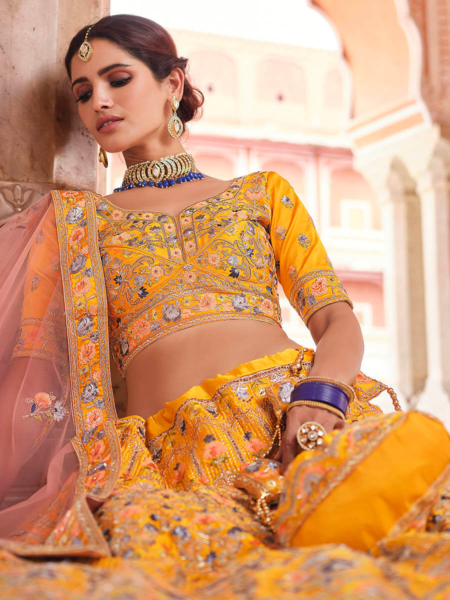 Myra Mustard Yellow Designer Hand work Lehenga - Distacart