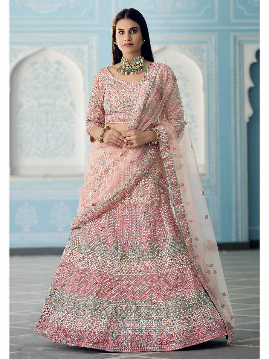 Myra Peach Organza Embroidered Lehenga - Distacart