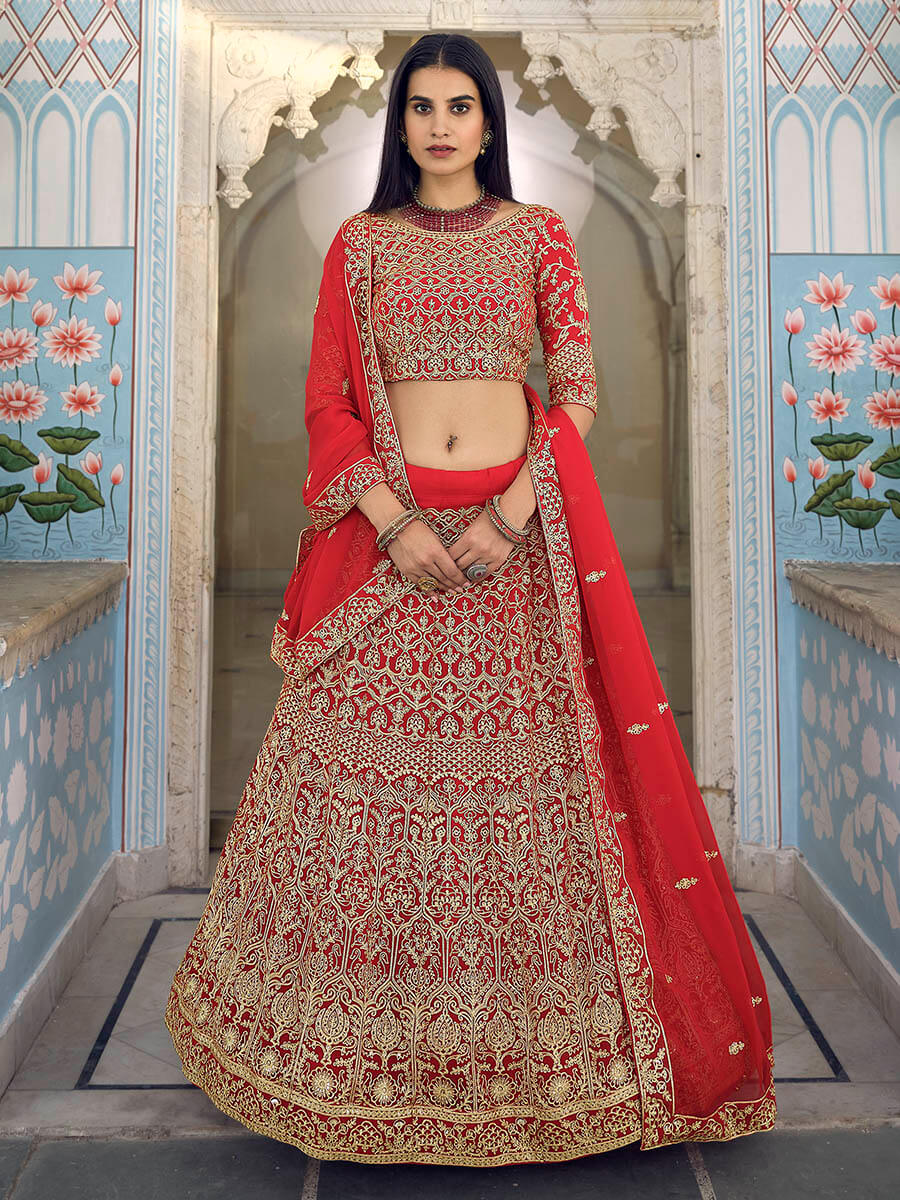 Myra Red Gorgette Embroidered Lehenga - Distacart