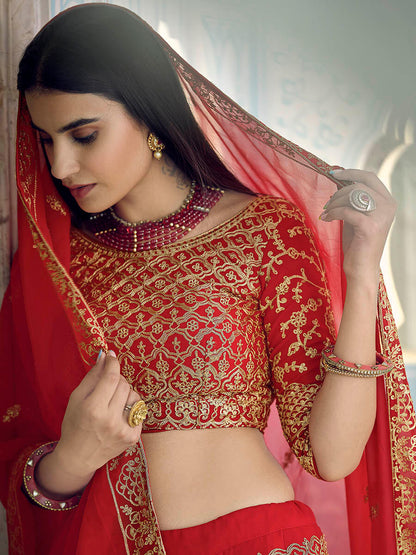 Myra Red Gorgette Embroidered Lehenga - Distacart