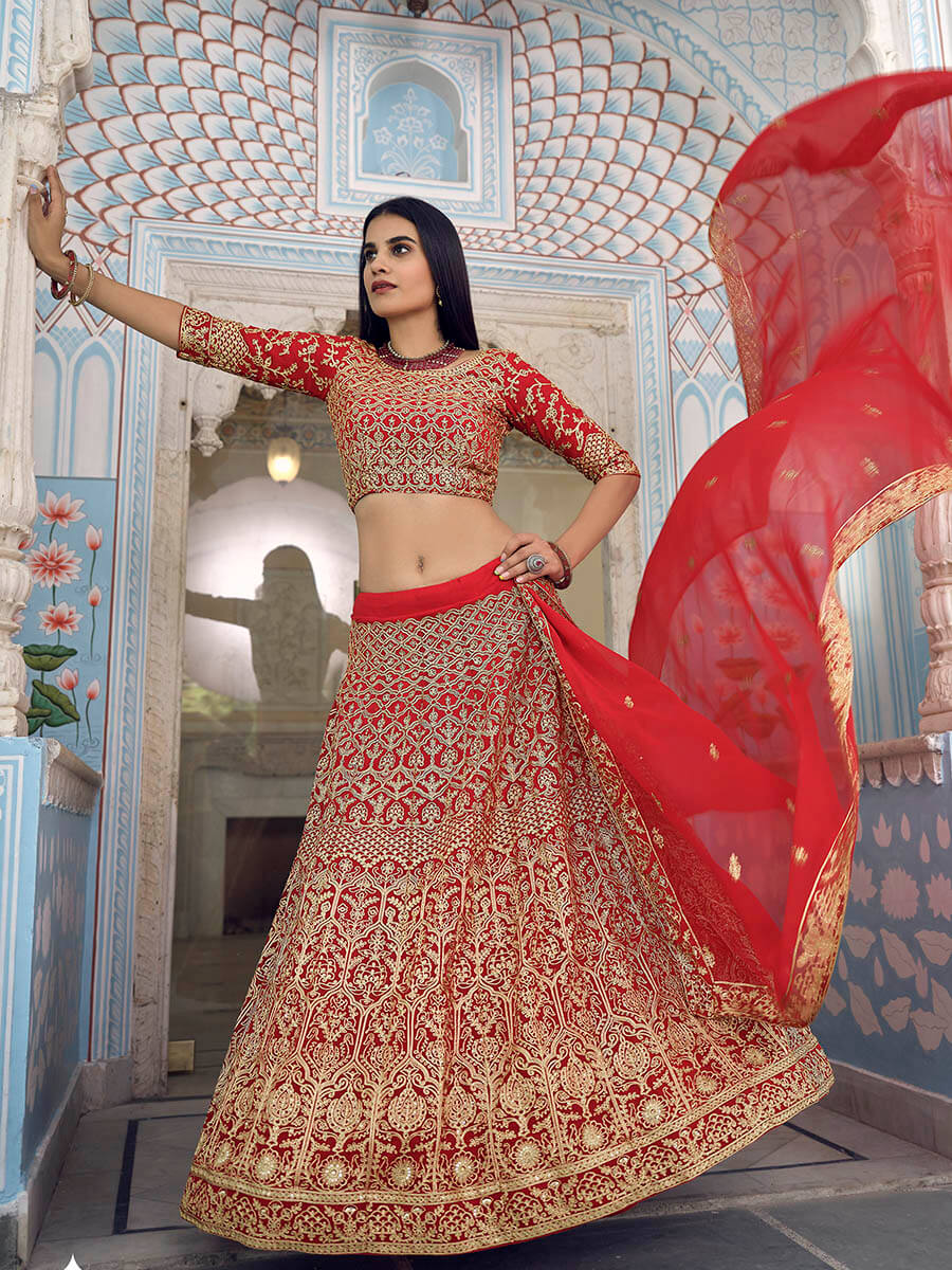 Myra Red Georgette Embroidered Lehenga