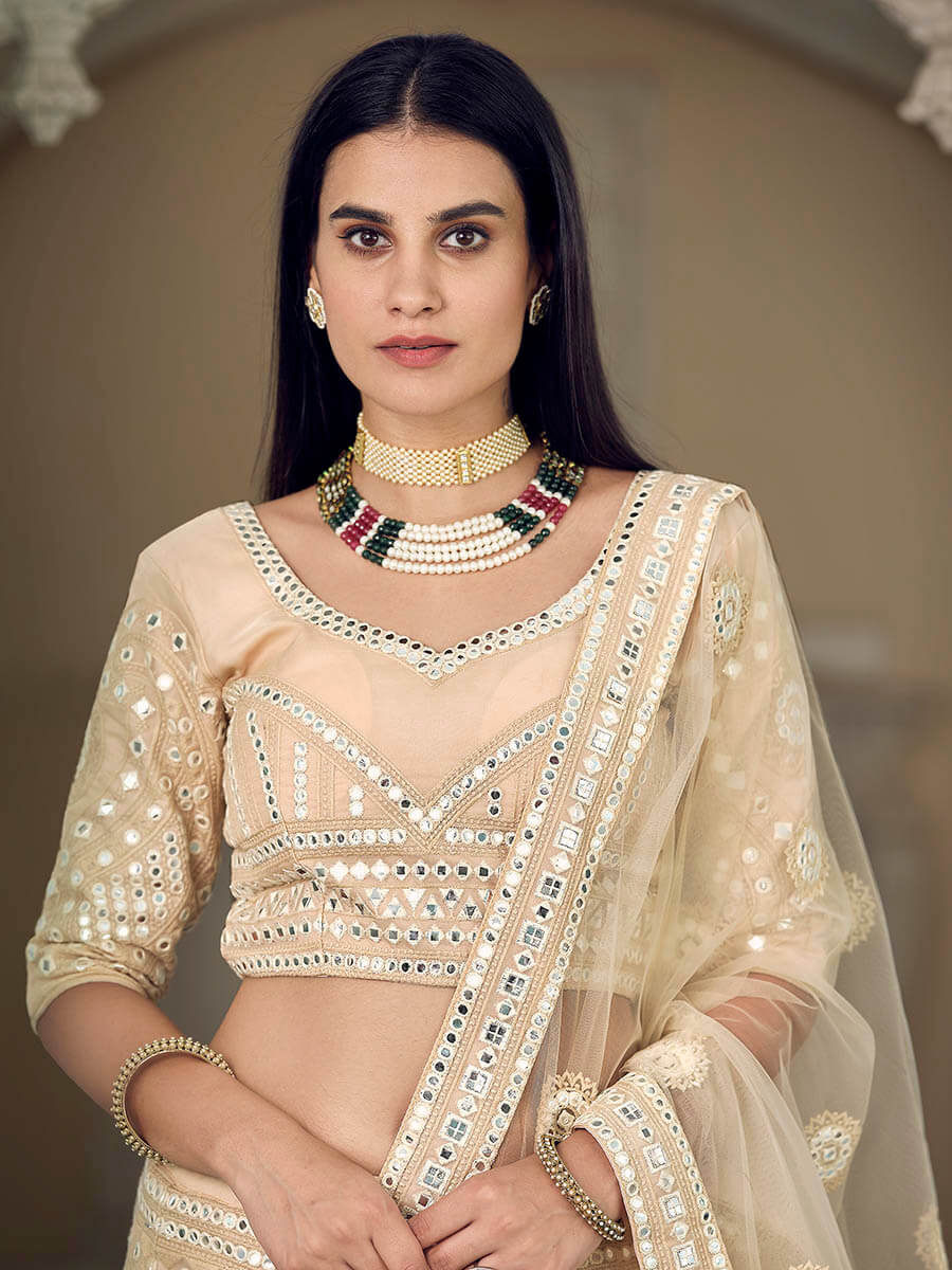 Myra Cream Organza Embroidered Lehenga - Distacart