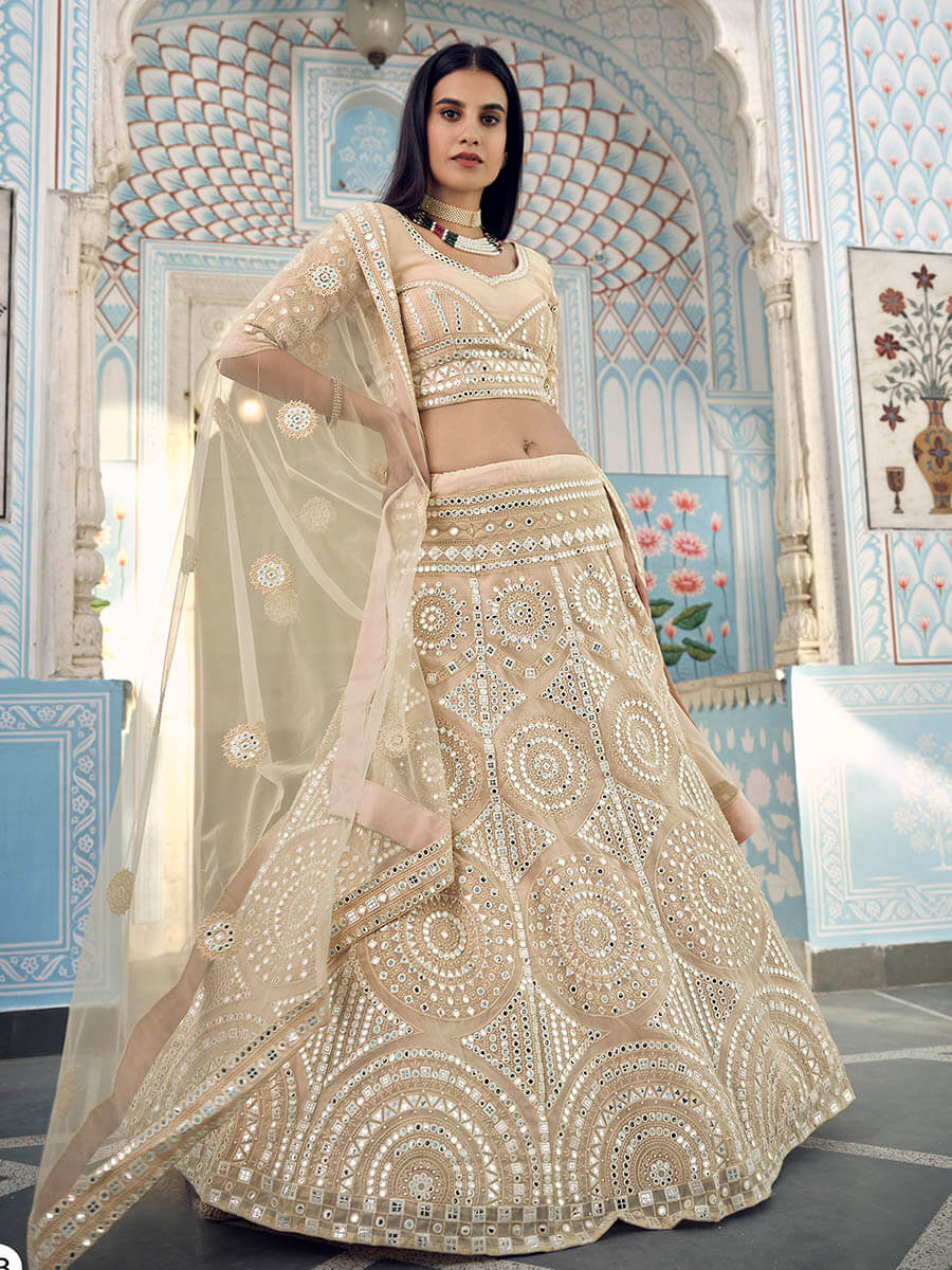Myra Cream Organza Embroidered Lehenga - Distacart
