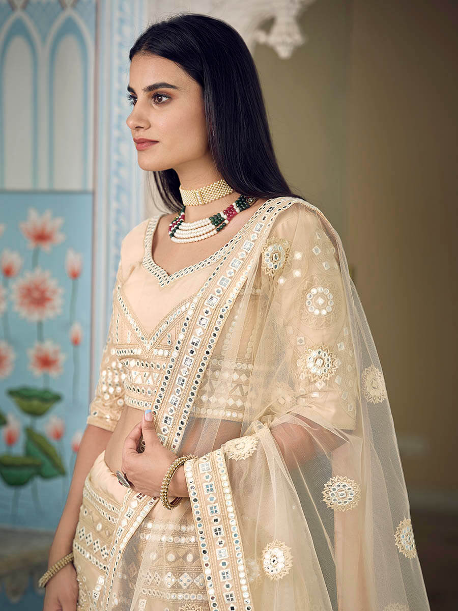 Myra Cream Organza Embroidered Lehenga - Distacart