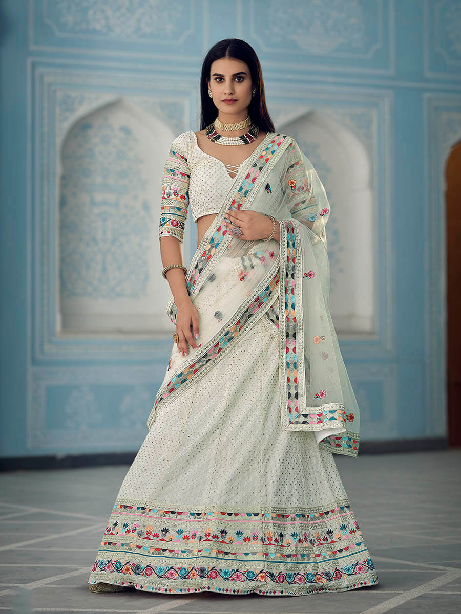Myra White Gorgette Embroidered Lehenga - Distacart