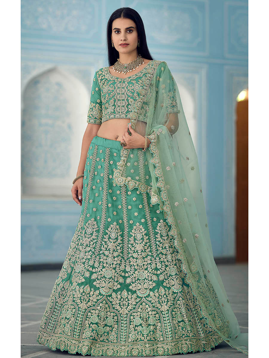 Myra Turquiose Organza Embroidered Lehenga - Distacart