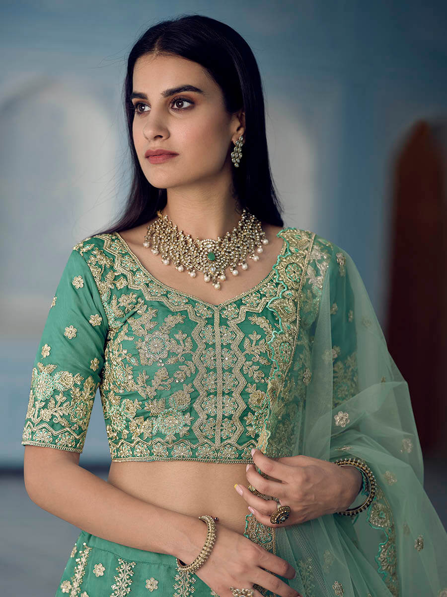 Myra Turquiose Organza Embroidered Lehenga - Distacart
