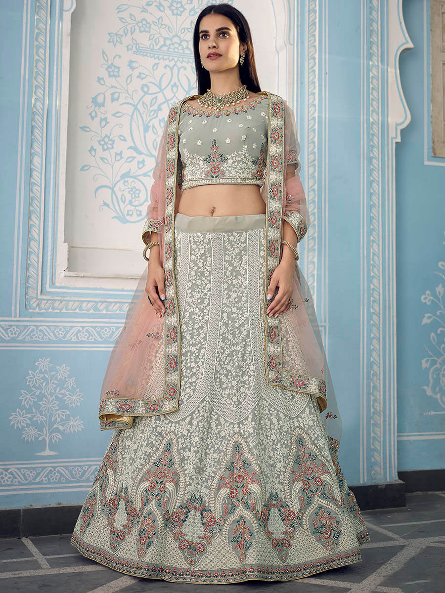 Myra Grey Gorgette Embroidered Lehenga - Distacart