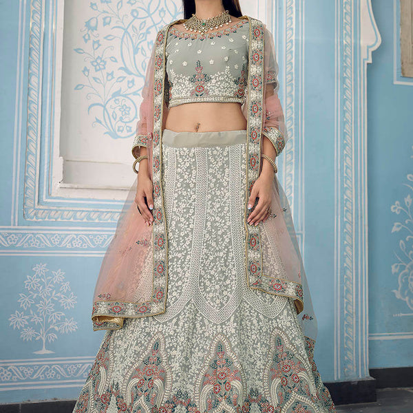 Myra Grey Gorgette Embroidered Lehenga - Distacart