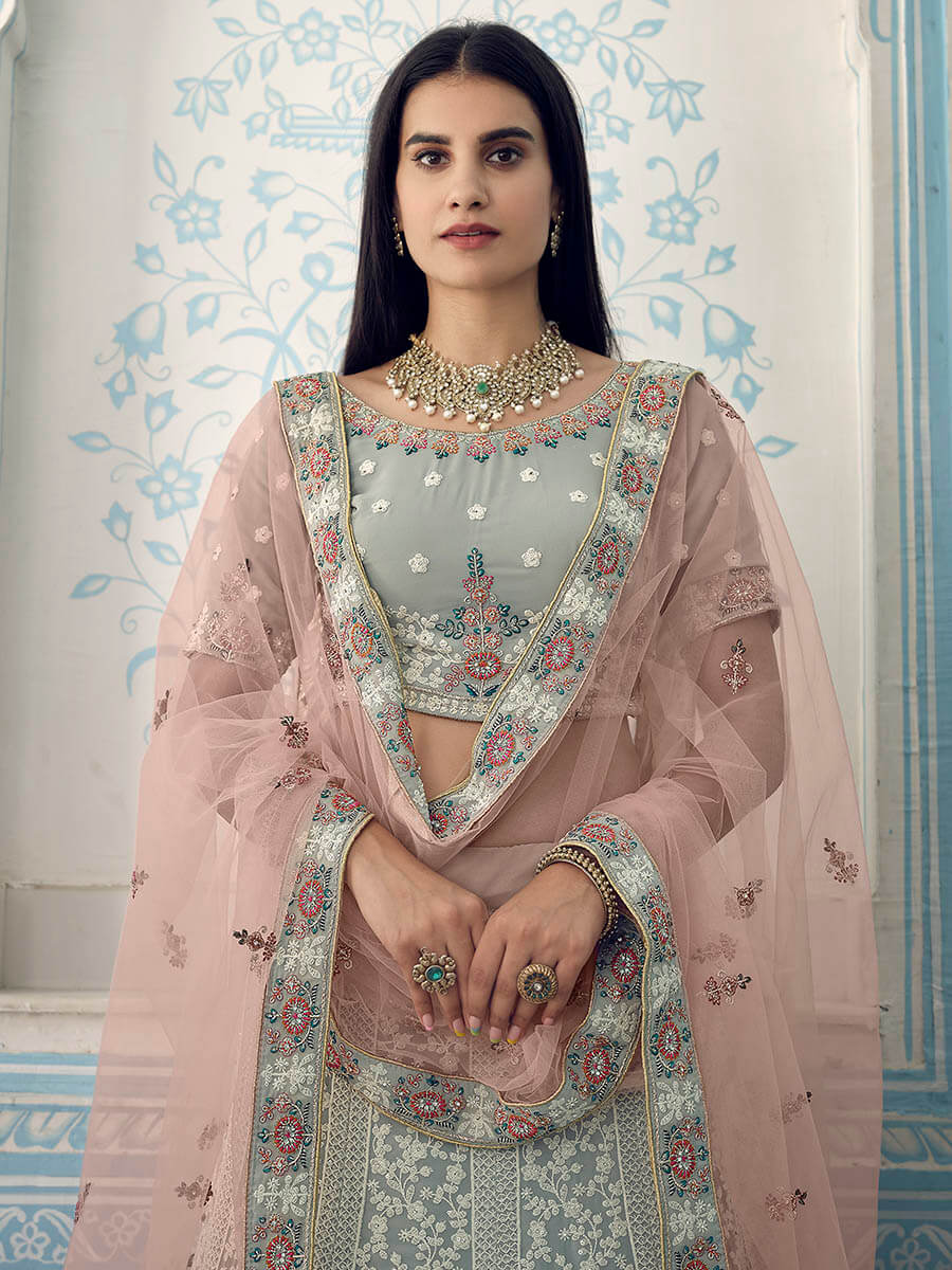 Myra Grey Gorgette Embroidered Lehenga - Distacart