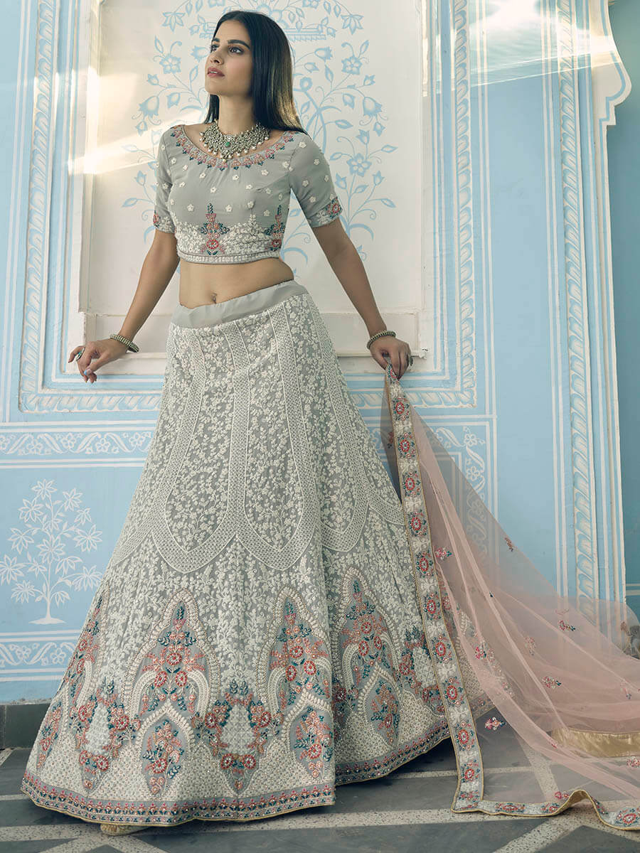 Myra Grey Gorgette Embroidered Lehenga - Distacart