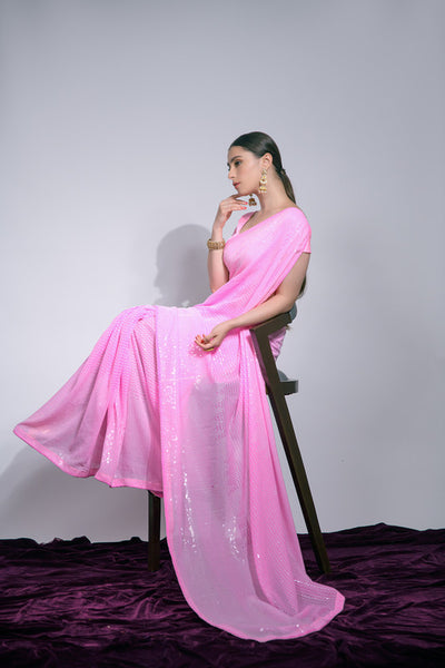 Malishka Women's Celebrity Inspired Designer Sequance Saree With Blouse Piece - Pink - Distacart