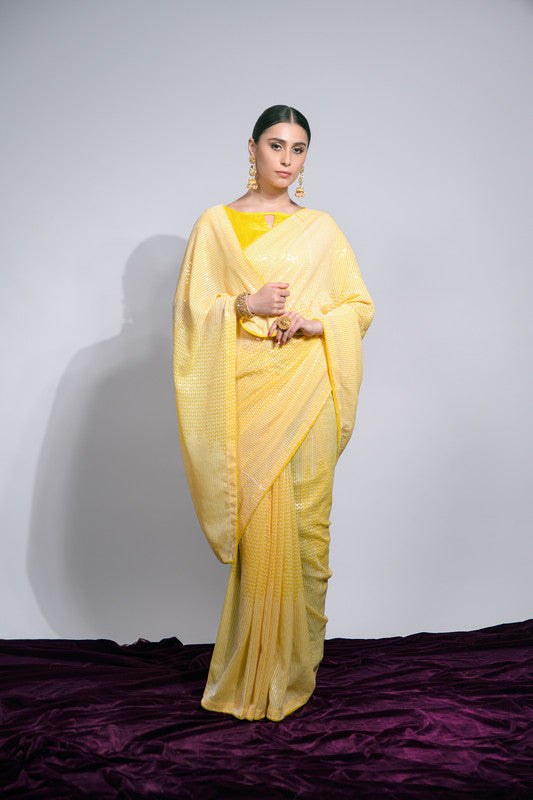 Malishka Women's Celebrity Inspired Designer Sequance Saree With Blouse Piece - Yellow - Distacart