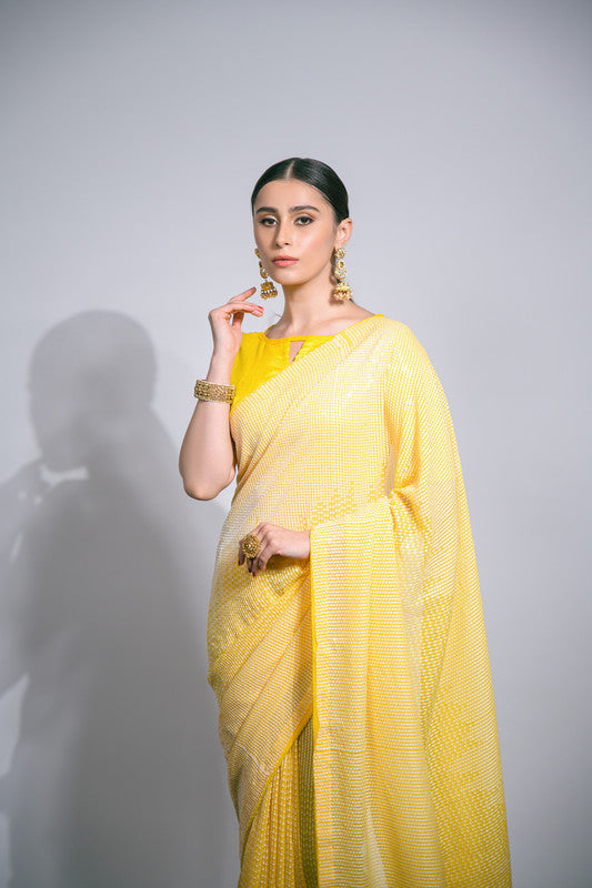 Malishka Women's Celebrity Inspired Designer Sequance Saree With Blouse Piece - Yellow - Distacart