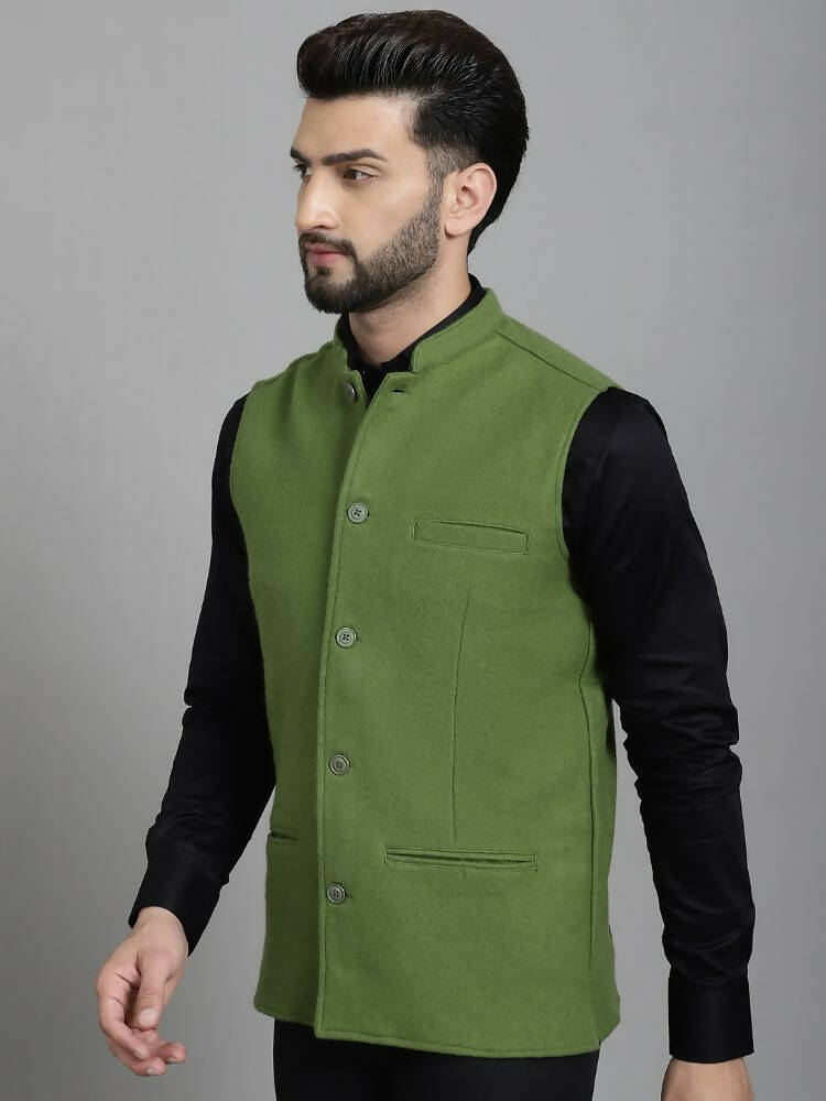 Even Apparels Nehru Jacket With Welt Pockets - Olive - Distacart