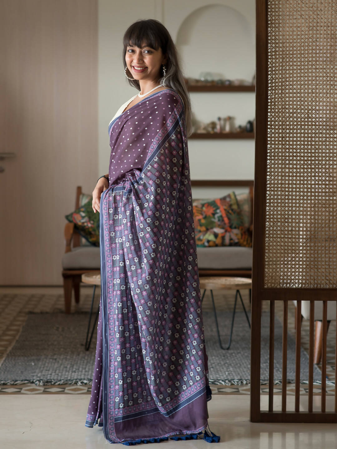 Suta Purple Polka Dots Pure Cotton Saree - Distacart
