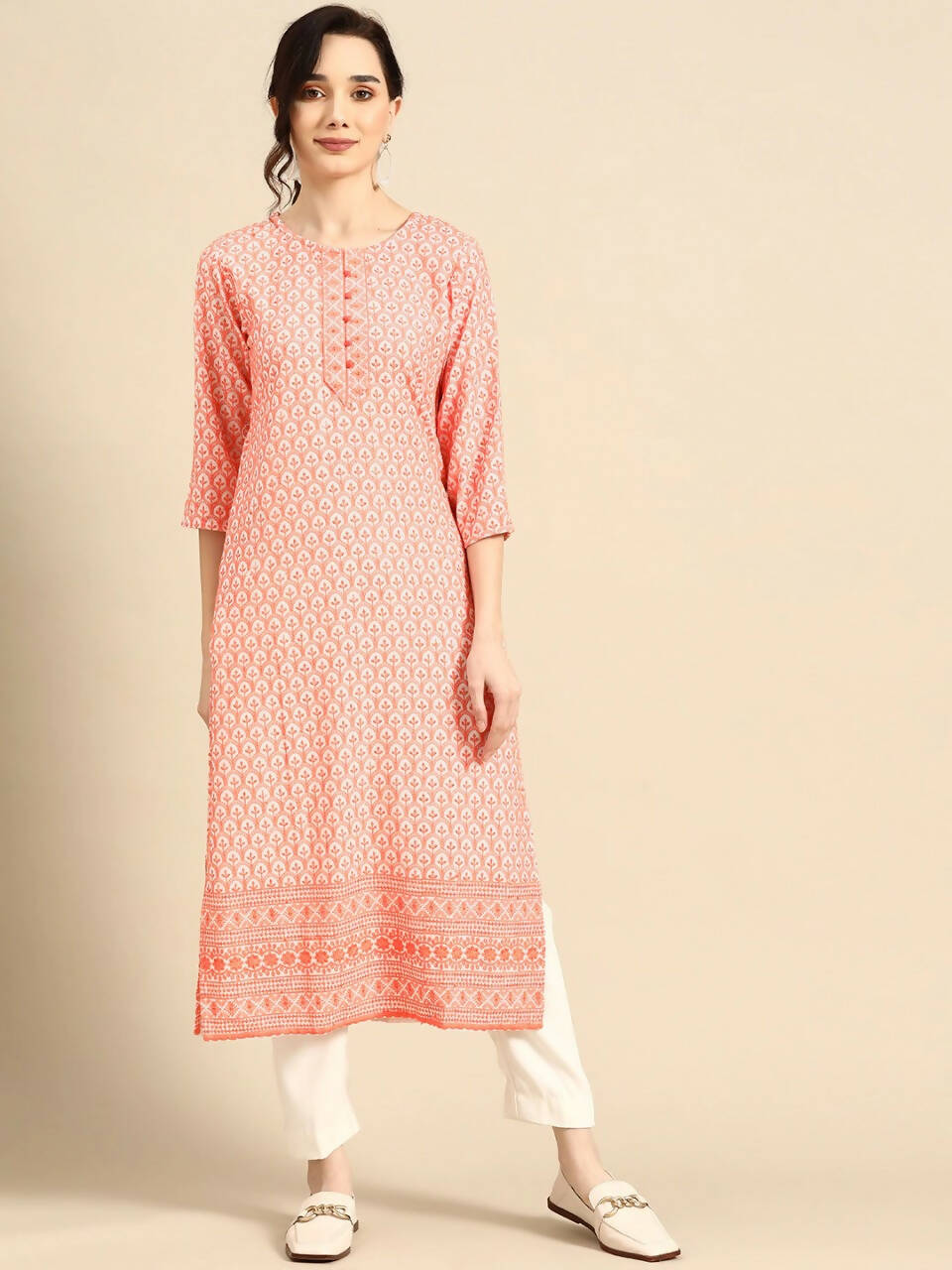 Deeps women's Orange Embroidered Rayon Kurta - Distacart