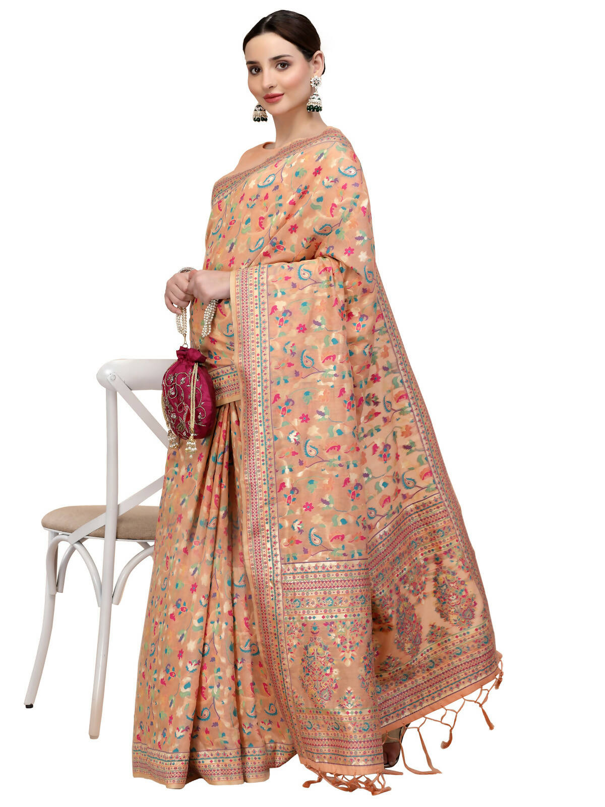 Peach Silk Blend Woven Design Saree With Unstitched Blouse Piece - Aloki - Distacart