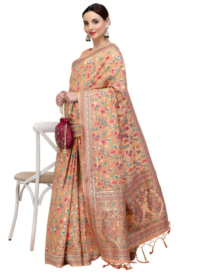 Peach Silk Blend Woven Design Saree With Unstitched Blouse Piece - Aloki - Distacart