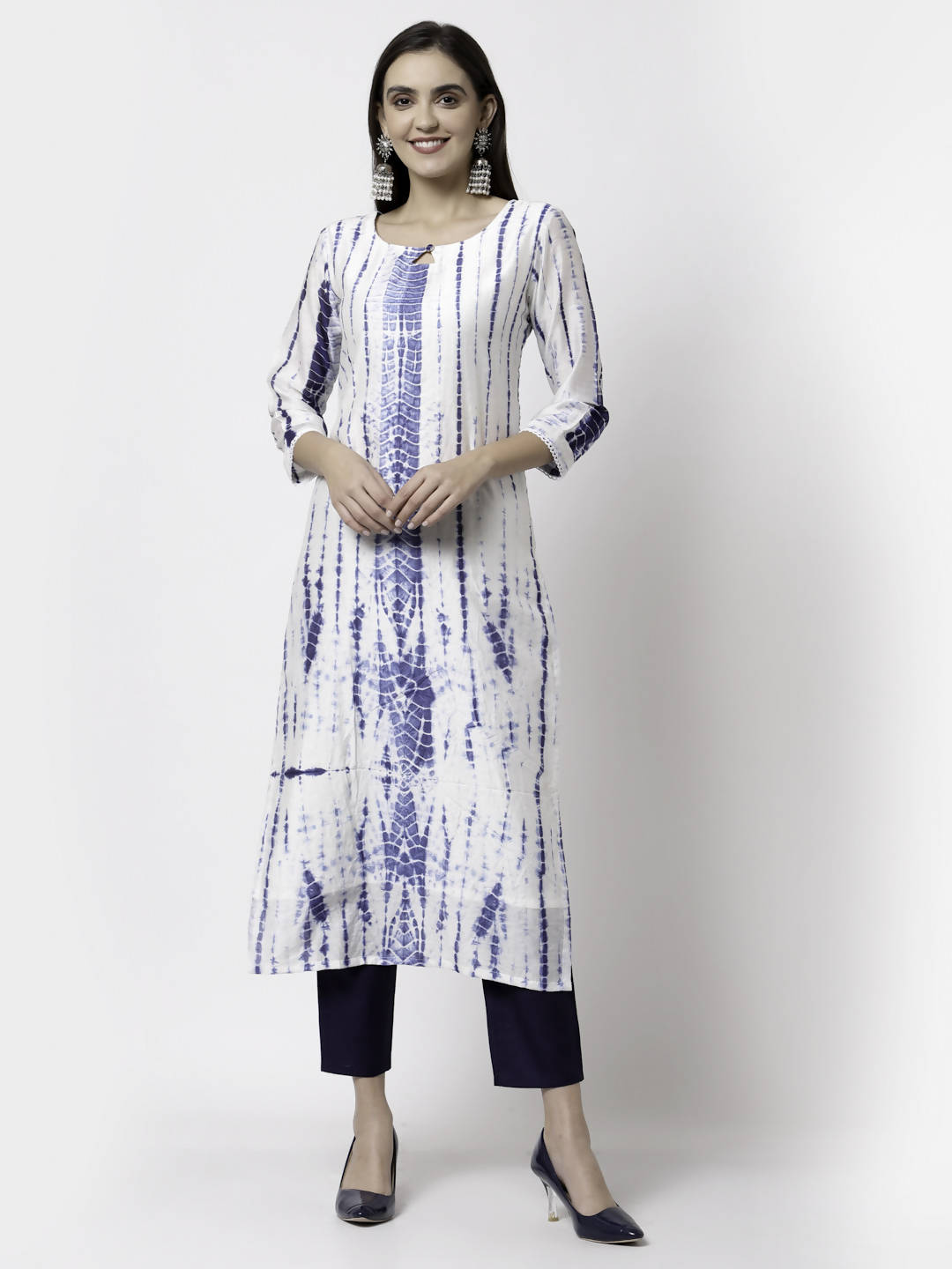 Myshka Women White Viscose Printed 3/4 Sleeve Round Neck Kurta Pant Dupatta Set