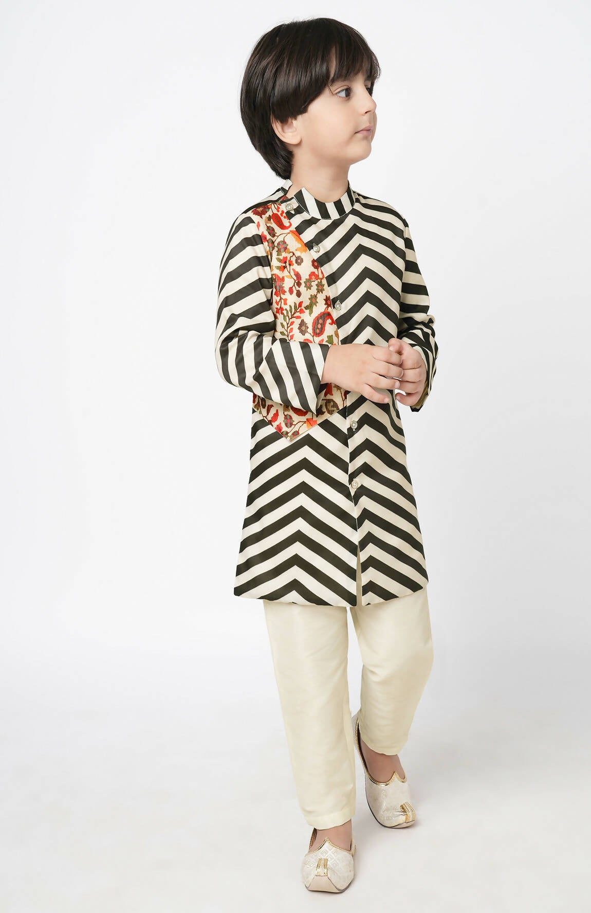 Lil Drama Chromatic Fusion Boys Black & White Stripe Kurta Pant Set - Distacart