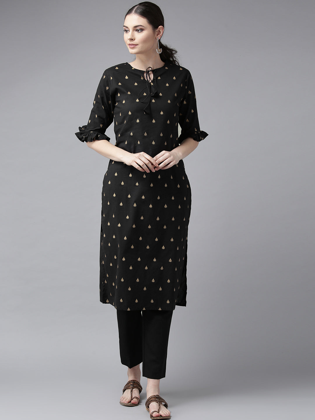 Women's Black And Golden Block Printed Straight Kurta - Bhama - Distacart