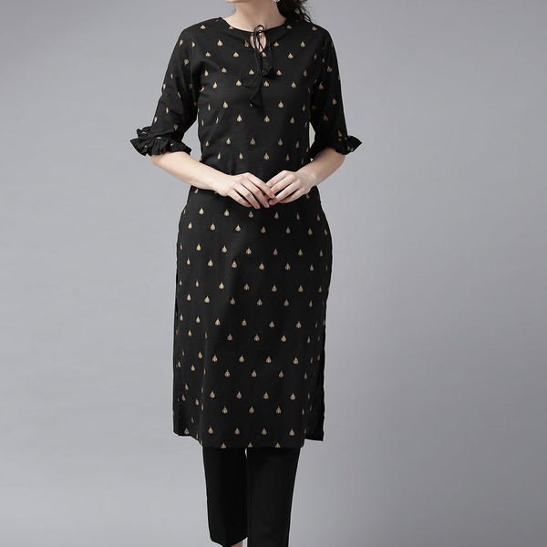 Black And Golden Block Printed Straight Kurta - Bhama - Distacart