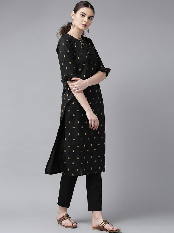 Women's Black And Golden Block Printed Straight Kurta - Bhama - Distacart