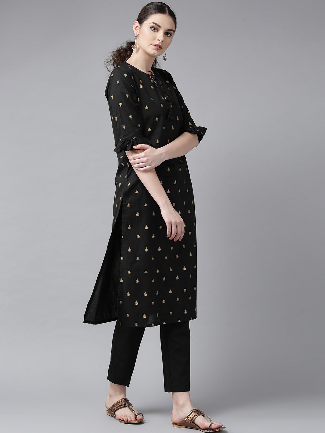 Black And Golden Block Printed Straight Kurta - Bhama - Distacart