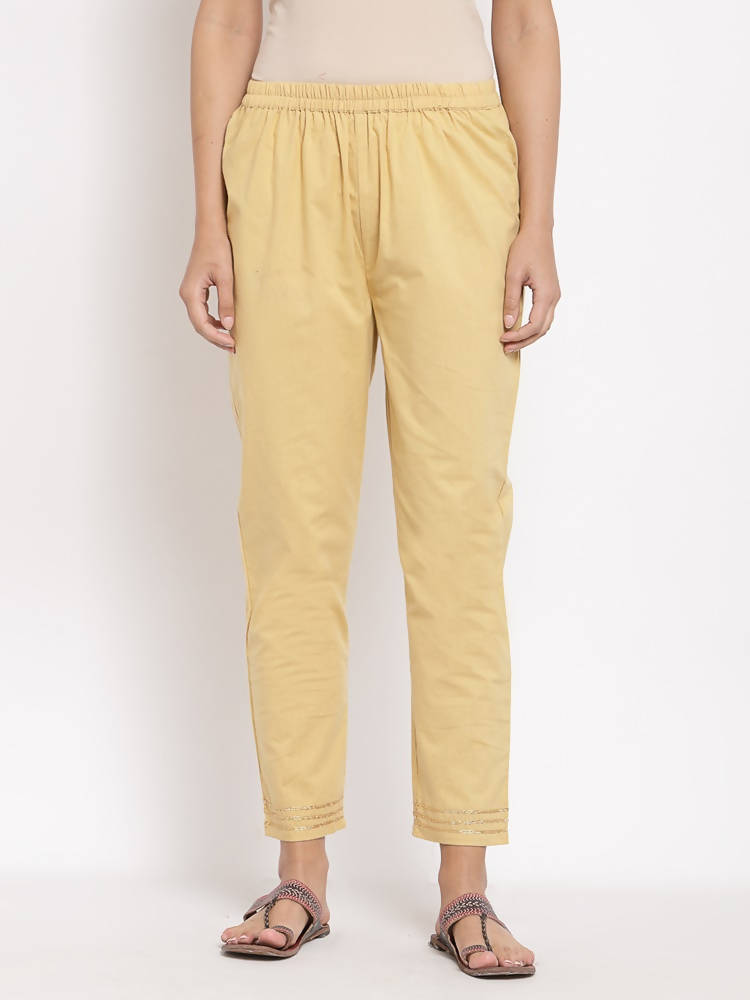 Myshka Women's Cream Cotton Solid Casual Trouser