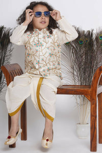 Thumbnail for Little Bansi Banarsi Silk Pink Blue Floral Embroidery Jacket With Cotton Kantha kurta And Kantha Dhoti - Cream - Distacart