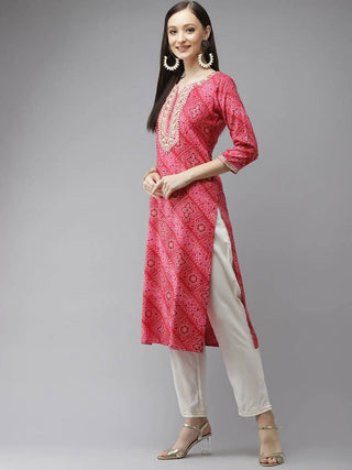 Yufta Women Pink Bandhani Printed Panelled Gotta Patti Kurta with Palazzo & With Dupatta