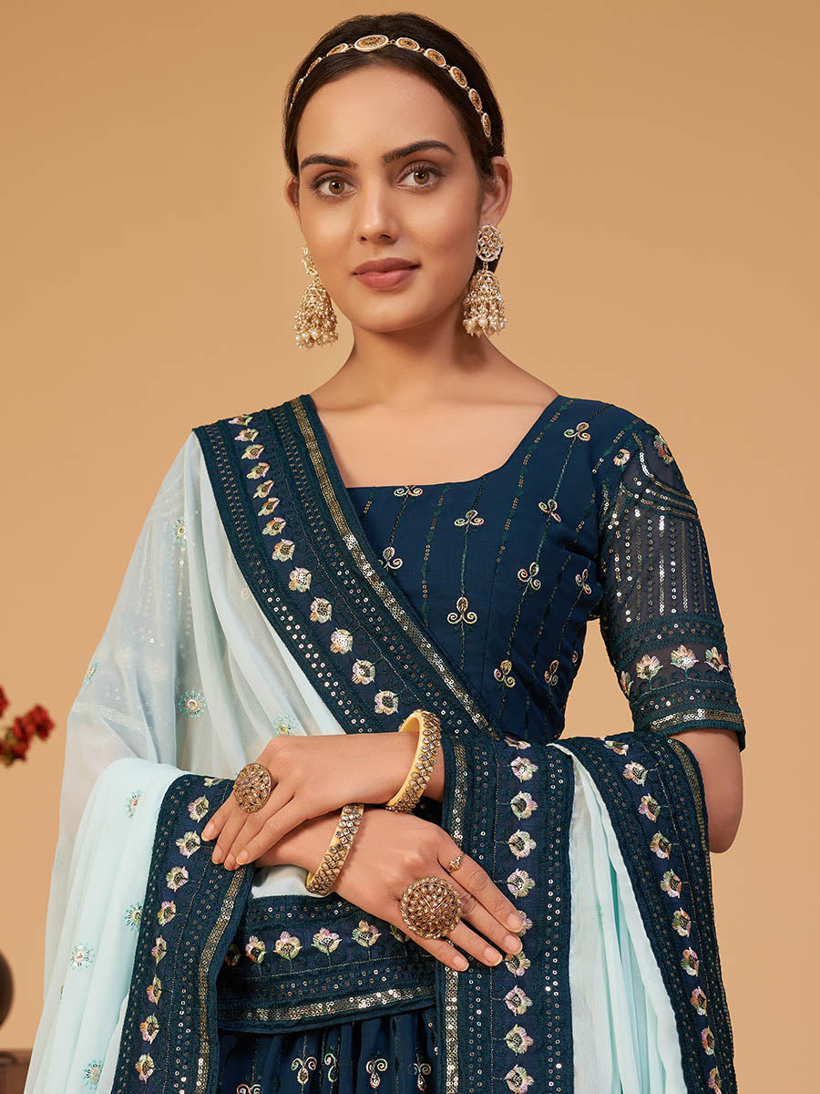 Myra Morepeach Georgette Embroidered Designer Lehenga - Distacart