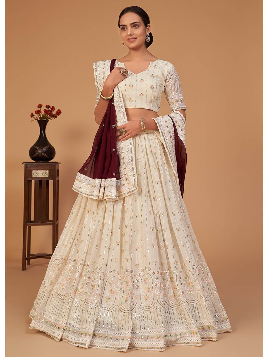 Myra Off White Georgette Embroidered Designer Lehenga - Distacart