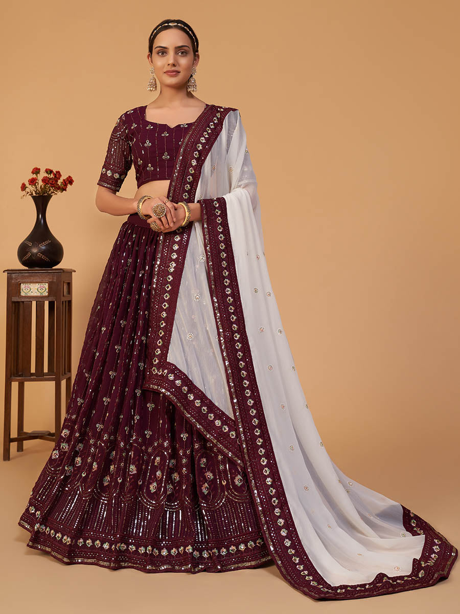 Myra Plum Georgette Embroidered Designer Lehenga - Distacart