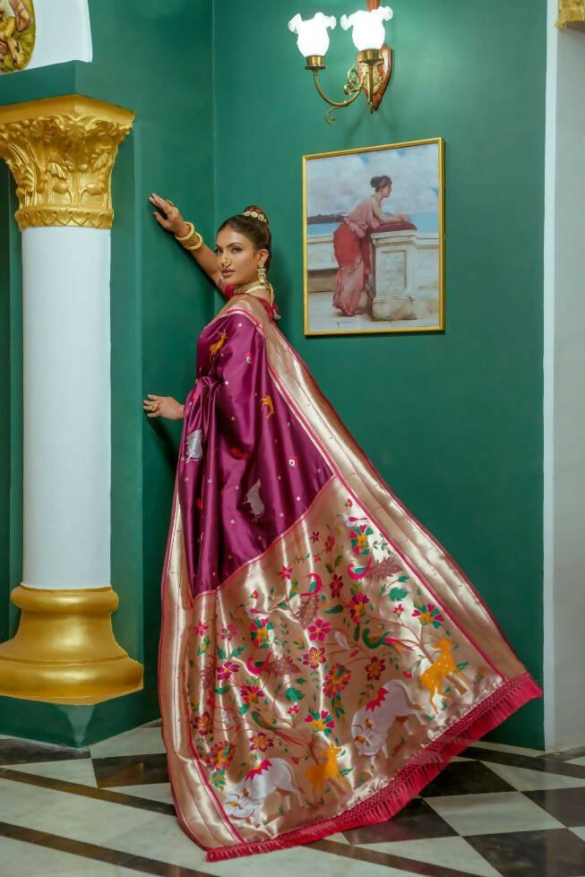 Vishnu Weaves Women's Wine Paithani Silk Zari Woven Saree with Unstitched Blouse - Distacart