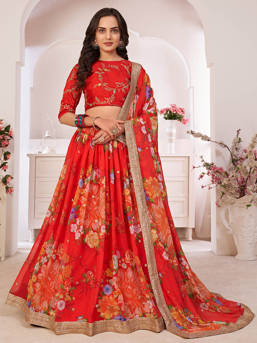 Myra Red Tomato Digital Printed Georgette Lehanga - Distacart