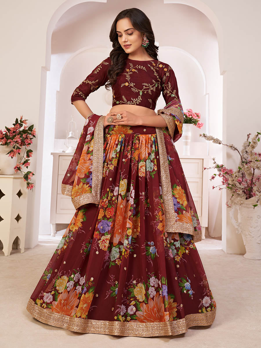 Myra Maroon Digital Printed Georgette Lehanga - Distacart