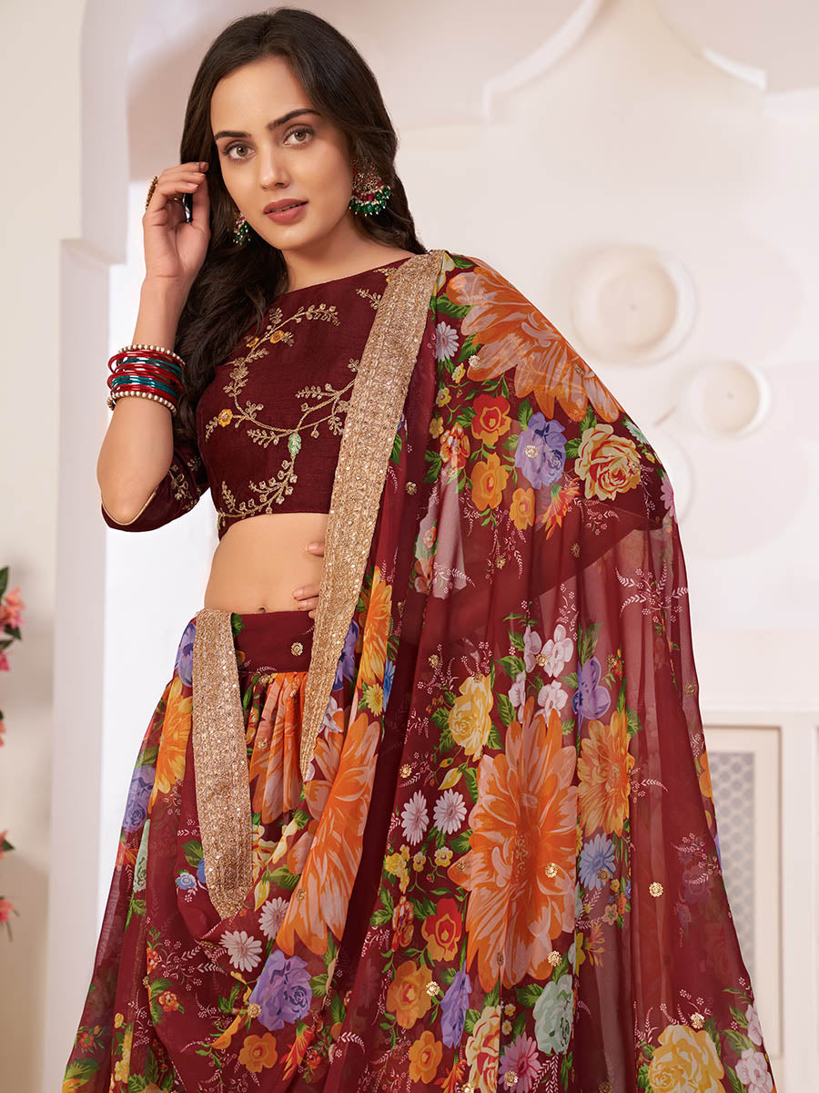 Myra Maroon Digital Printed Georgette Lehanga - Distacart