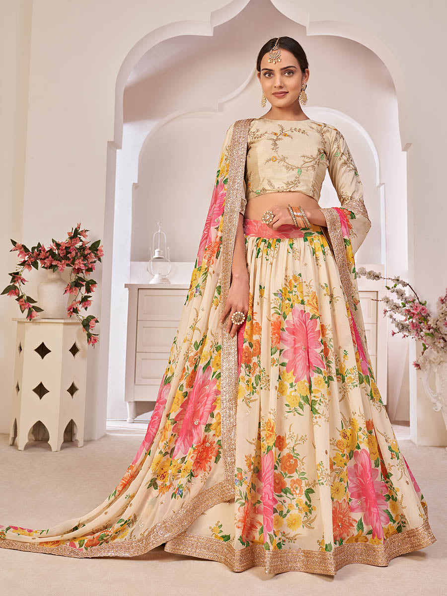 Myra Cream Digital Printed Georgette Lehanga - Distacart