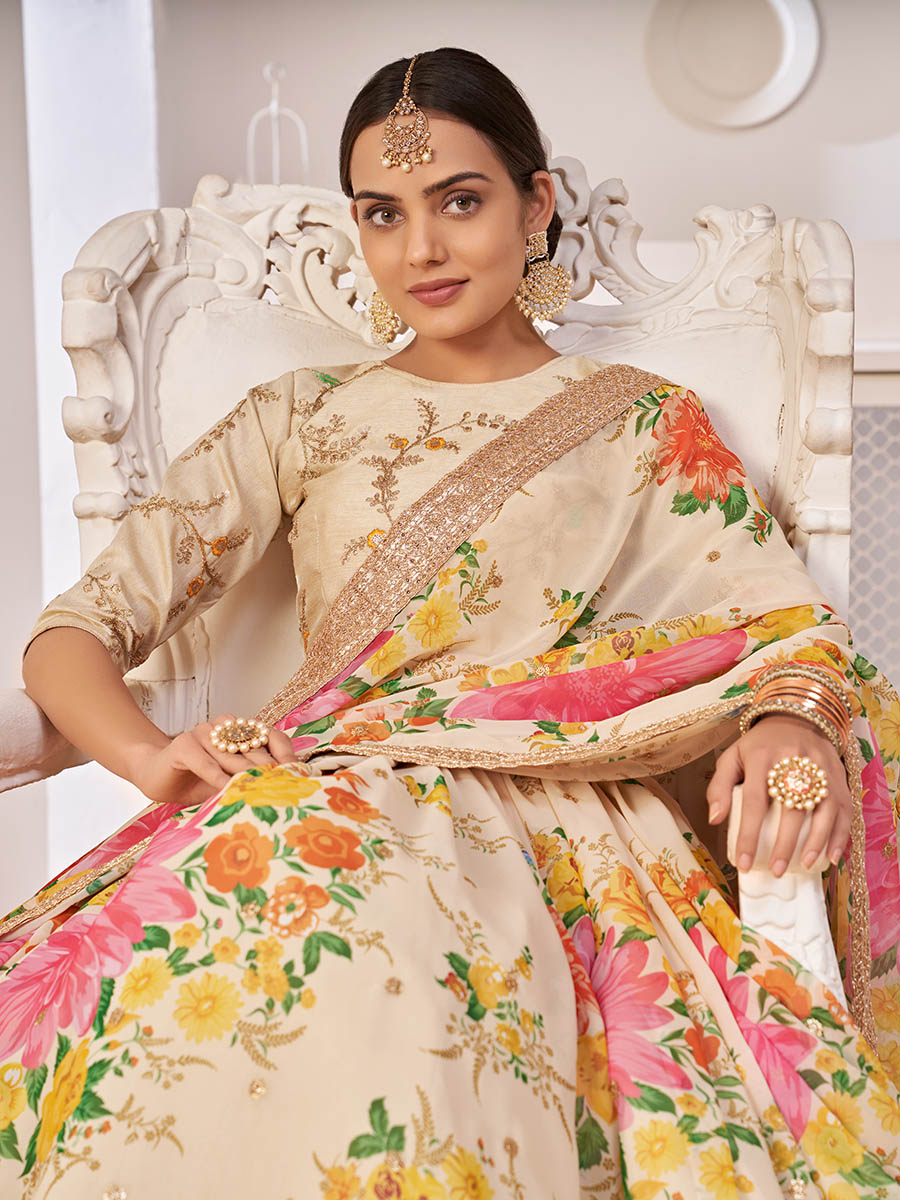 Myra Cream Digital Printed Georgette Lehanga - Distacart